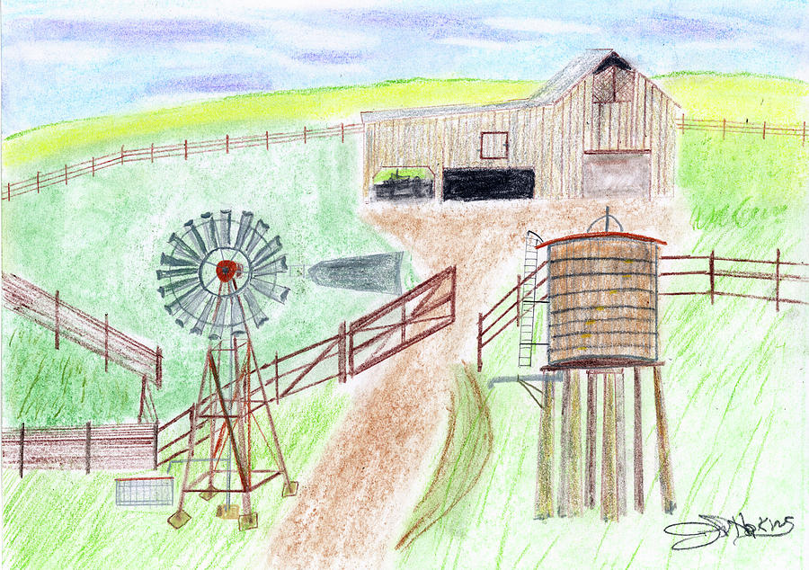 900x634 Ranch Windmill Drawing By John Hoppy Hopkins