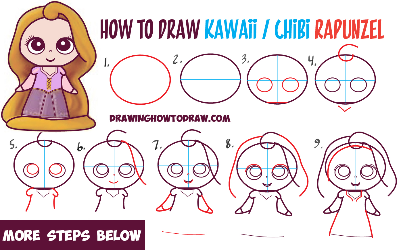 1395x872 How To Draw Kawaii Chibi Rapunzel From Disney's Tangled In Easy