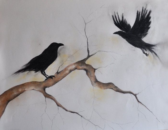 700x541 Original Charcoal Crow Drawing Flying Raven By Abstractartm John