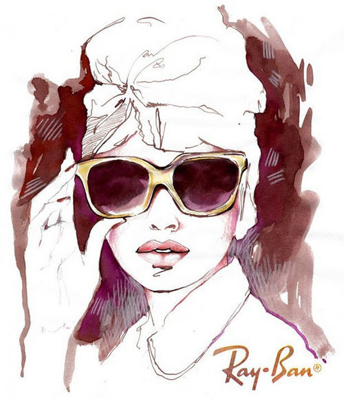 500x584 Drawing, Girl, Ray Ban, Sunglasses, Vintage Style
