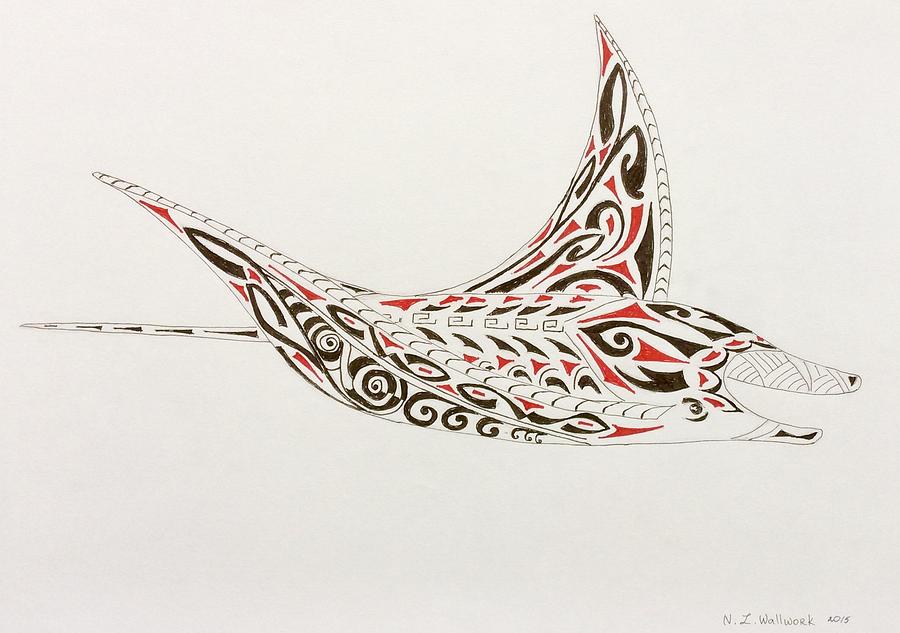 900x633 Manta Ray With Tribal Tattoo Drawing By Natalia Wallwork