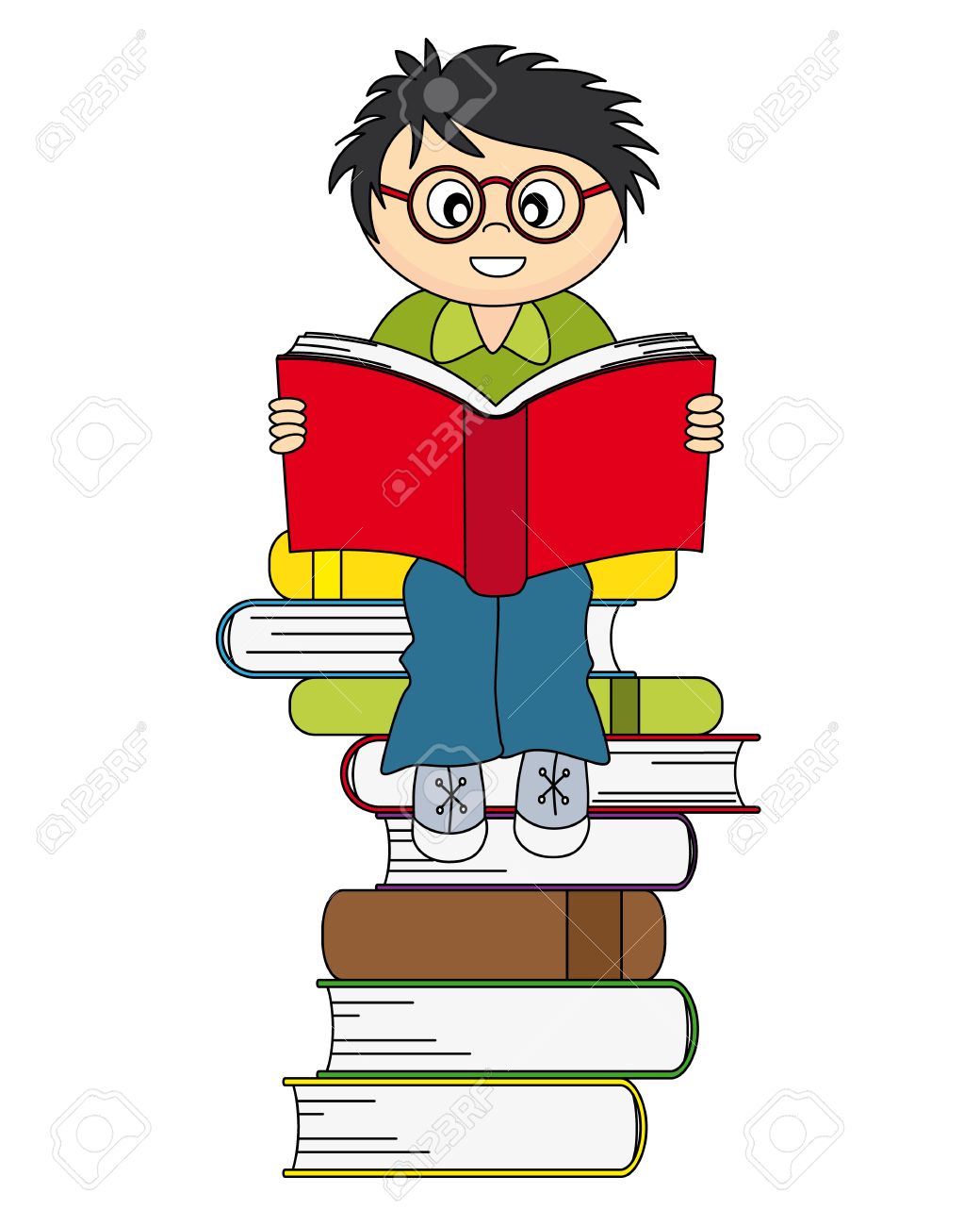 1040x1300 Boy Reading A Book. Drawing Isolated White Background Royalty Free
