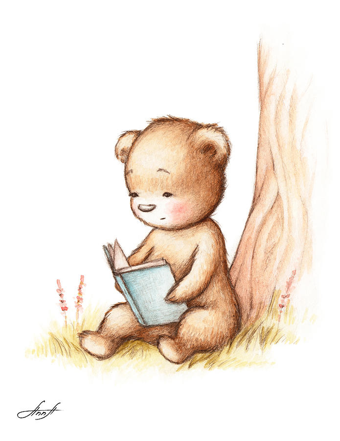 695x900 Drawing Of Teddy Bear Reading A Book Under Tree Painting By Anna