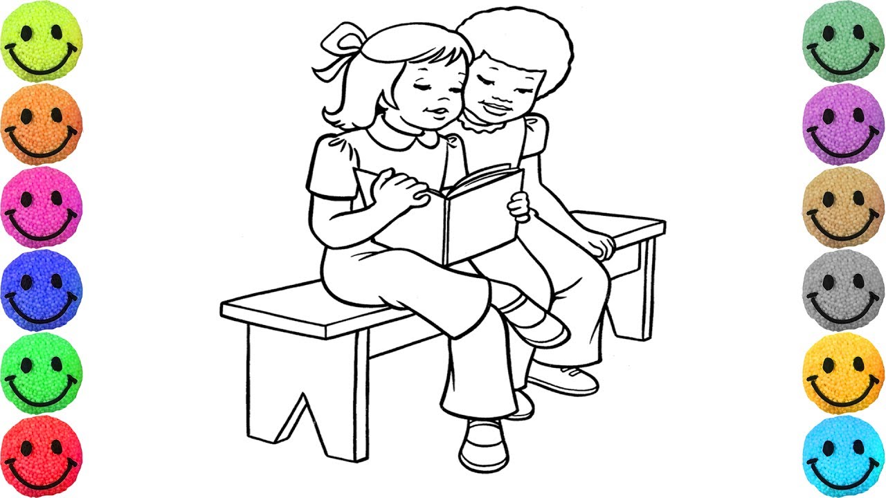 1280x720 Two Friends Reading Book Coloring Pages