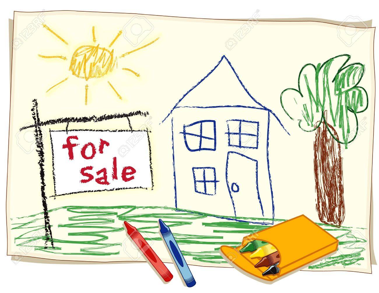 1300x1004 For Sale Real Estate Sign, Child S Crayon Drawing, House In Sunny