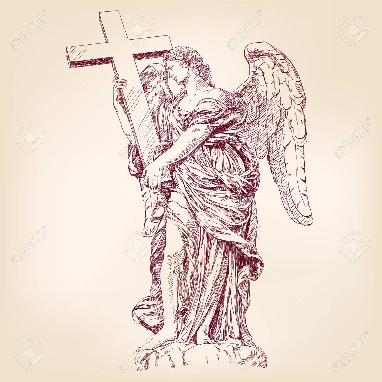 1300x1300 Angel Holding A Cross Hand Drawn Vector Llustration Realistic