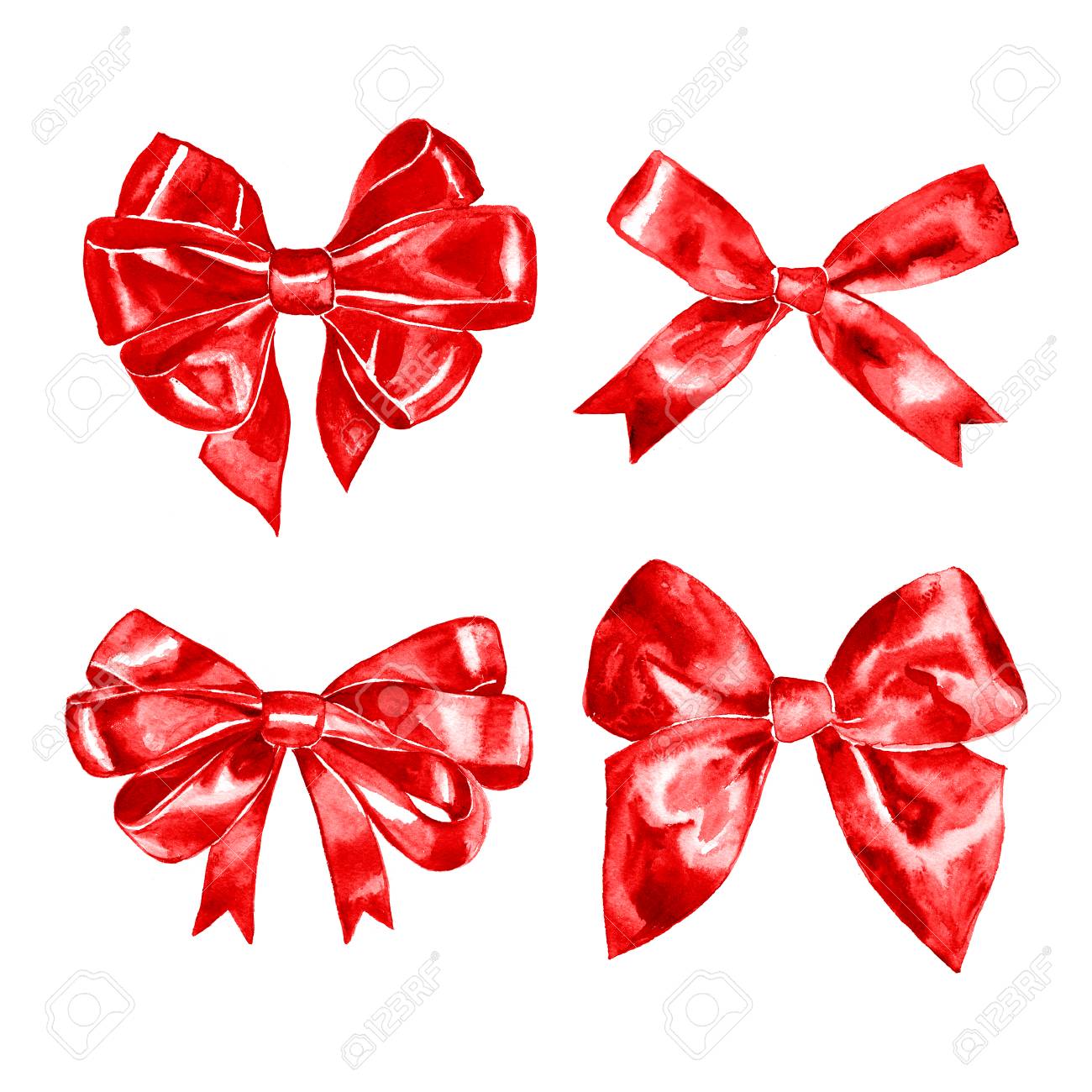 1300x1300 Set Of Watercolor Drawing Red Bows With Paint Stains, Hand Drawn