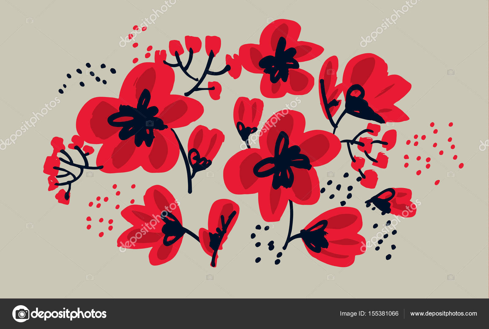 1600x1078 Red Floral Drawing In Freehand Style. Abstract Hand Drawn Red