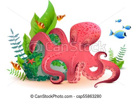 450x337 Underwater World Red Octopus And Colored Fishes. Isolated