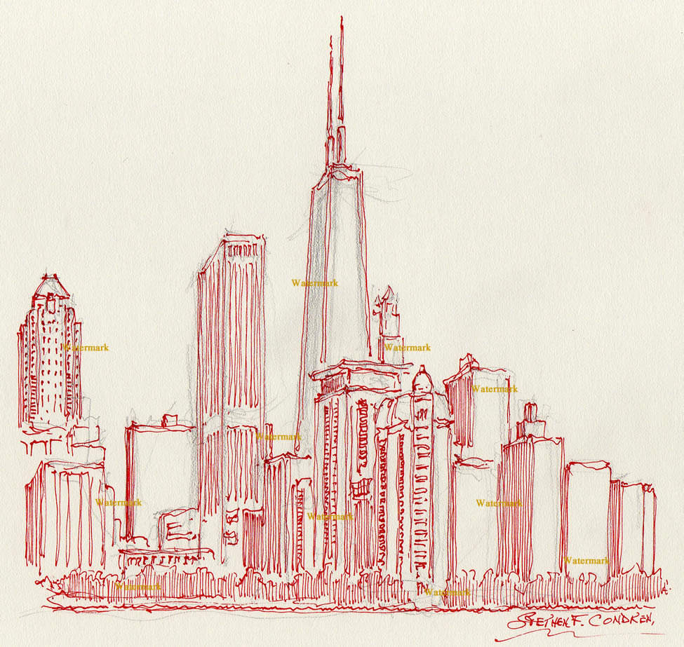 975x923 Chicago Skyline Red Pen Amp Ink Drawing Of Near North Side For Sale