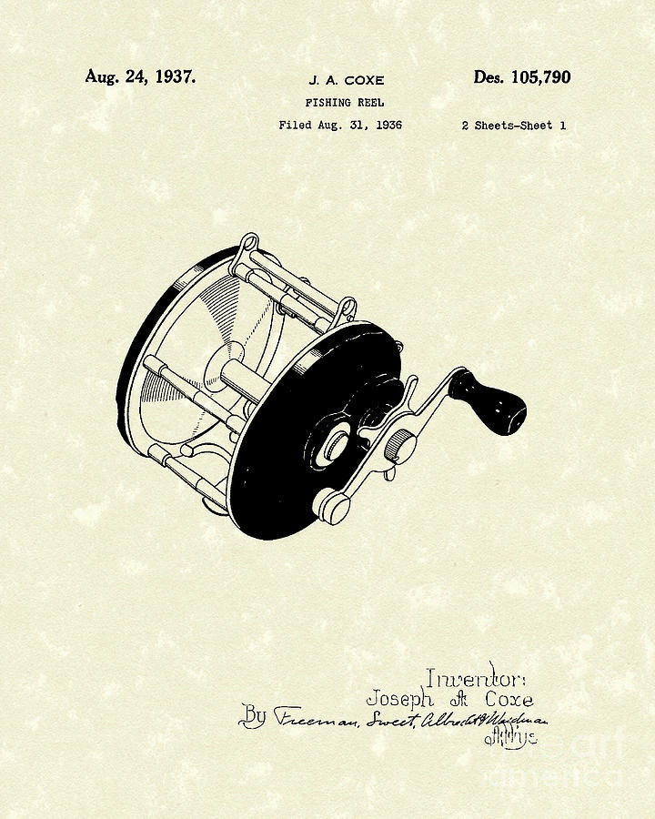 720x900 Fishing Reel 1937 Patent Art Drawing By Prior Art Design