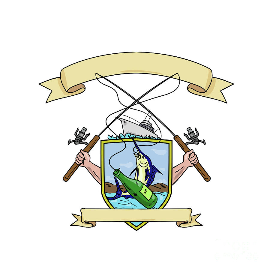 900x900 Fishing Rod Reel Blue Marlin Fish Beer Bottle Coat Of Arms Drawing