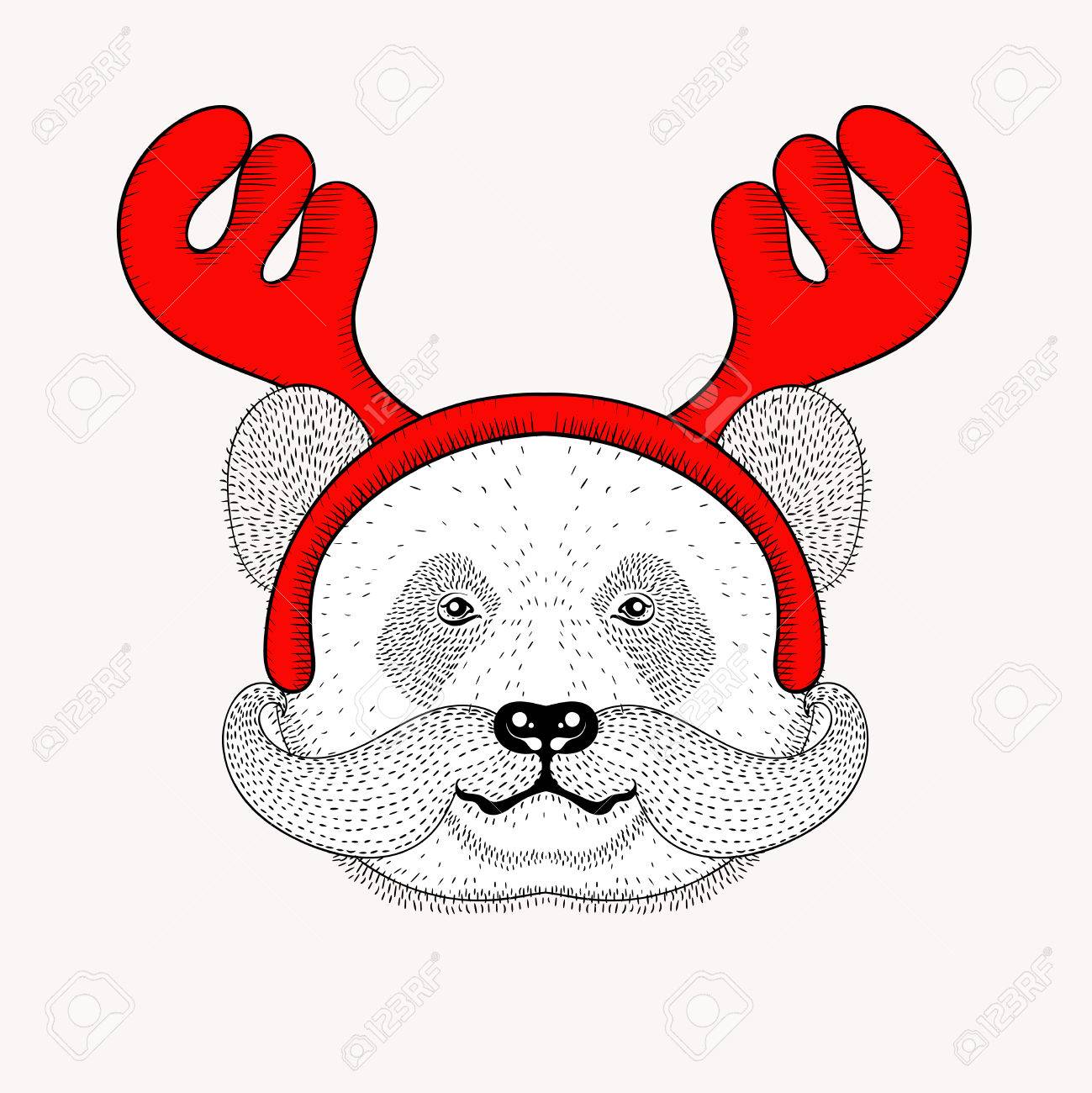 1299x1300 Sketch Panda Face With Mustache In A Reindeer Antlers. Hand Drawn