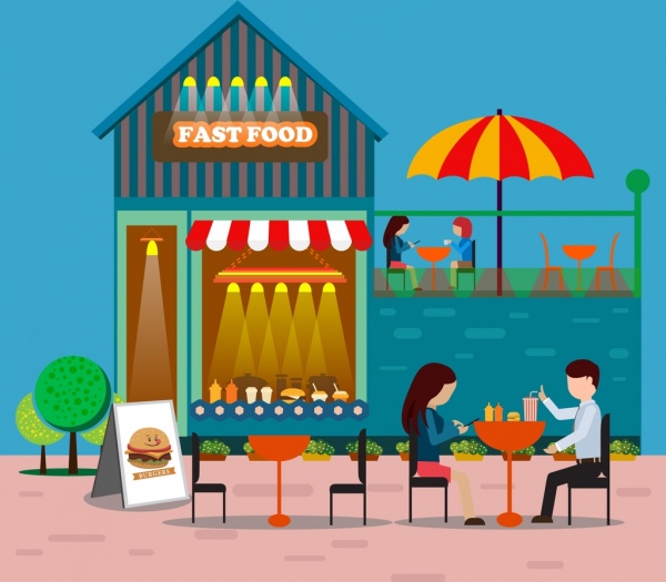 600x525 Fast Food Restaurant Drawing Colorful Outdoor Icons Free Vector