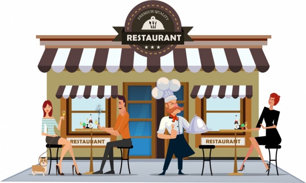 600x359 Restaurant Exterior Drawing Cook Diners Icons Colored Cartoon Free