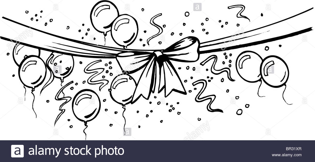 1300x671 A Black And White Drawing Of A Ribbon Banner With A Bow, Balloons