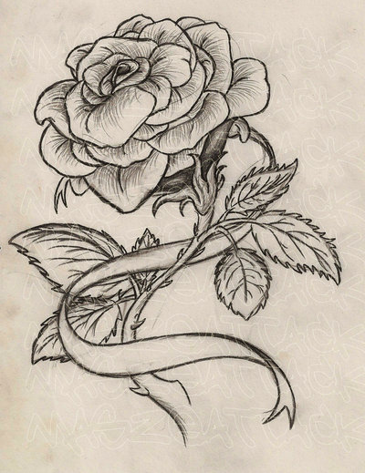 400x519 Rose With Ribbon Tattoo By Maszeattack