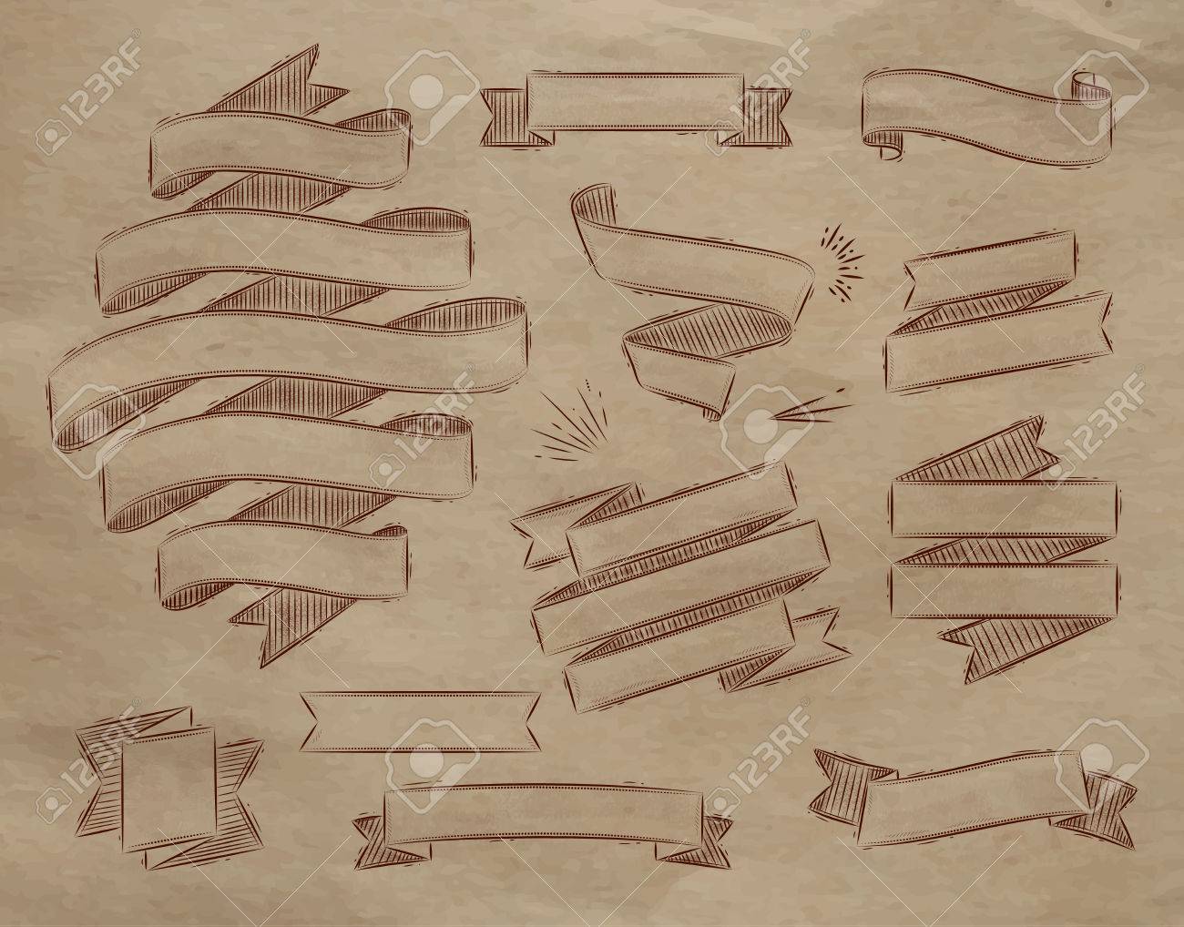 1300x1018 Set Ribbons In Vintage Style Stylized Drawing On Kraft Paper