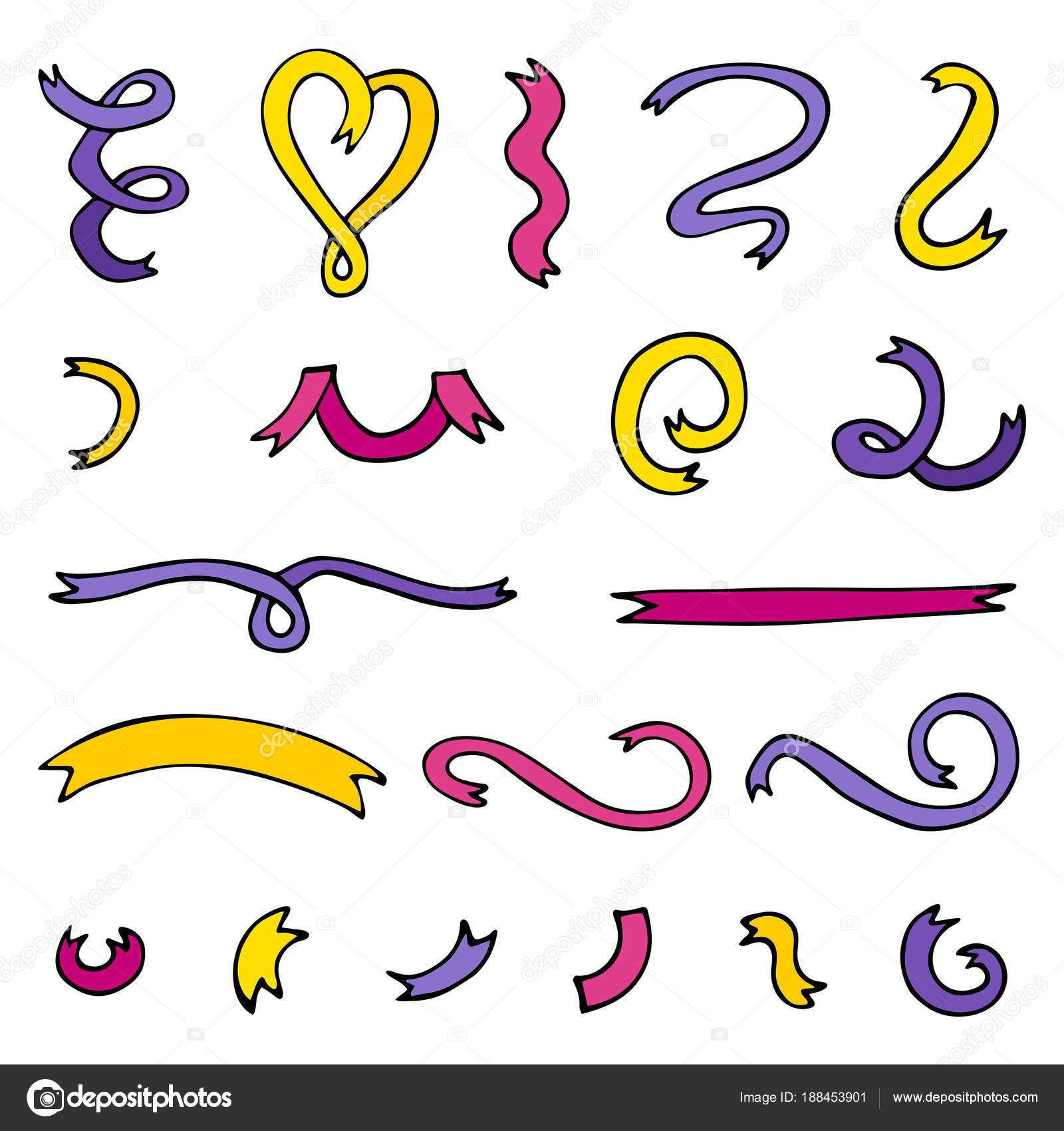 1600x1700 Vector Set Of Ribbons Drawing In Doodle Style. Stock Vector