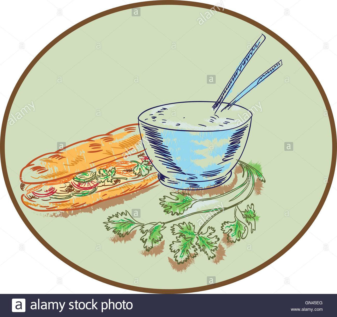 1300x1223 Sandwich And Rice Bowl Drawing Stock Vector Art