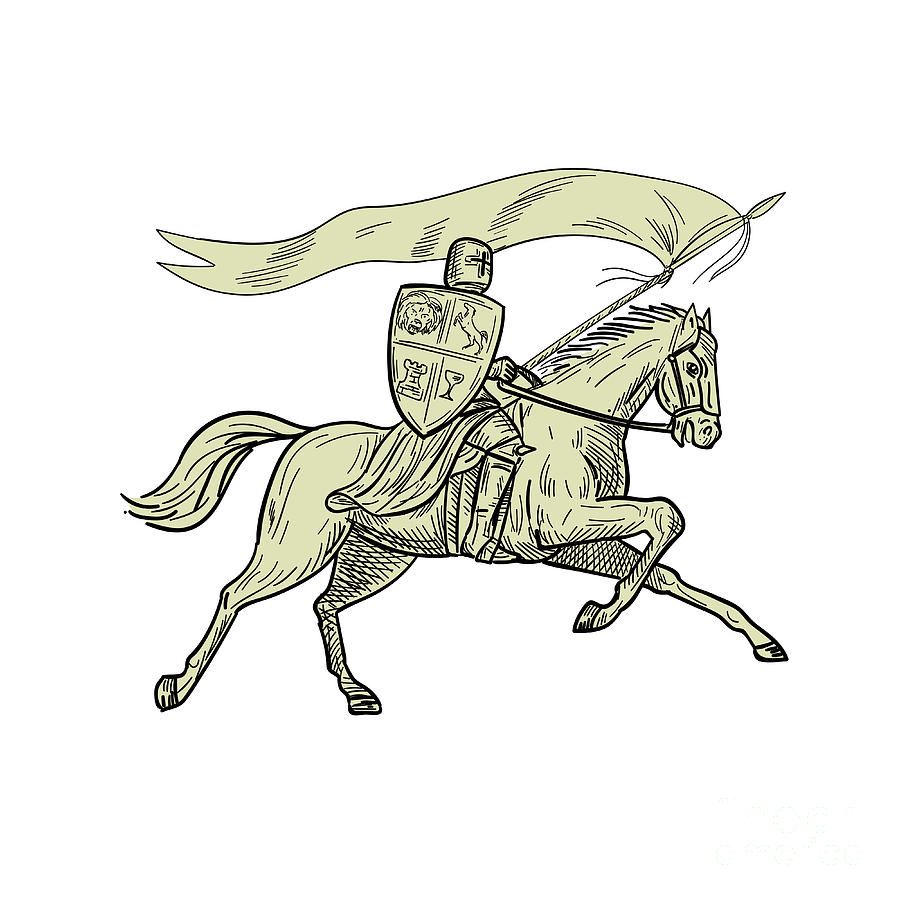 900x900 Knight Riding Horse Shield Lance Flag Drawing Digital Art By