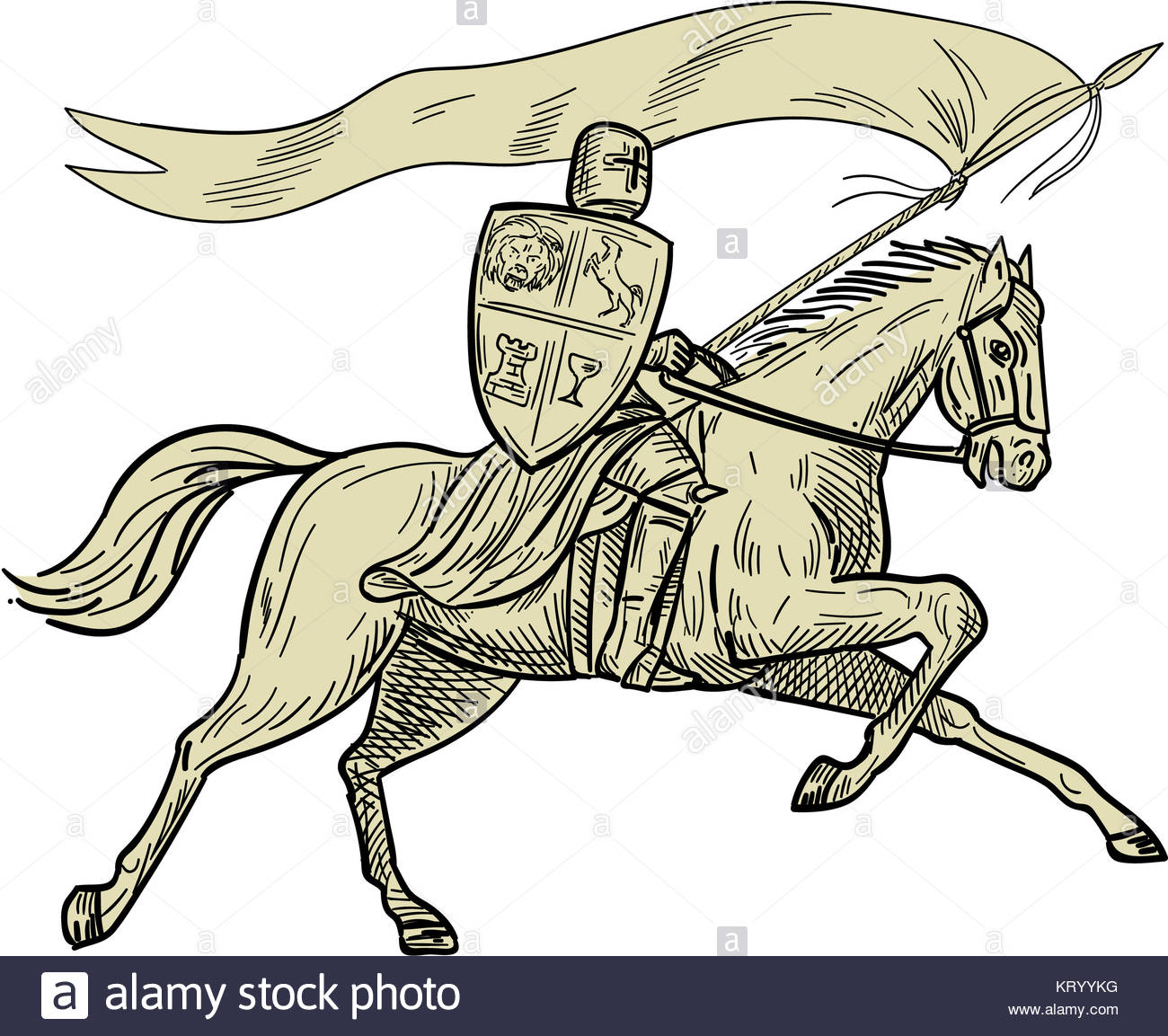 1300x1153 Knight Riding Horse Shield Lance Flag Drawing Stock Photo