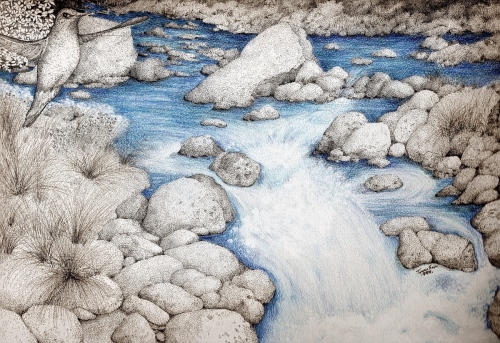 500x343 Drawing Blue River Rock Rapids (Original Art By Tammie Temple)