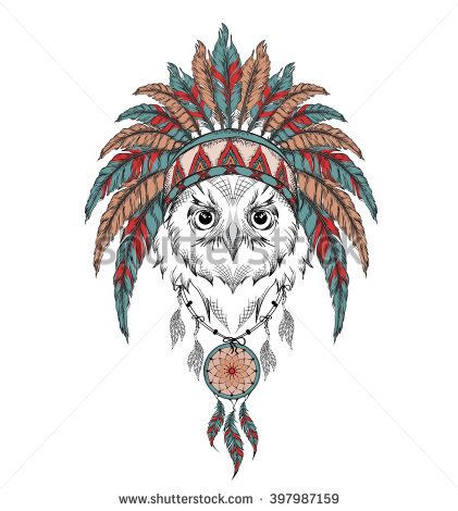 421x470 Owl In The Indian Roach. Indian Feather Headdress Of Eagle. Hand