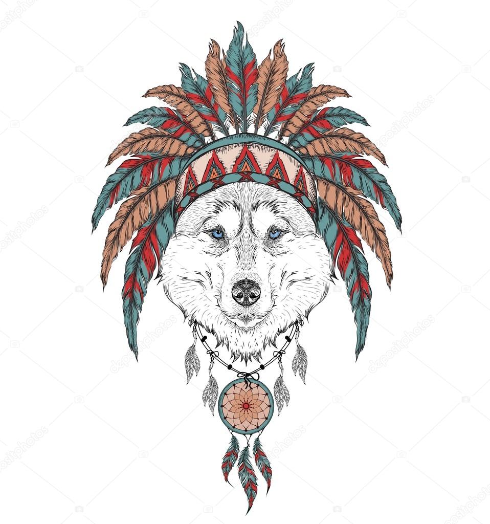 958x1024 Wolf In The Indian Roach. Indian Feather Headdress Of Eagle. Hand