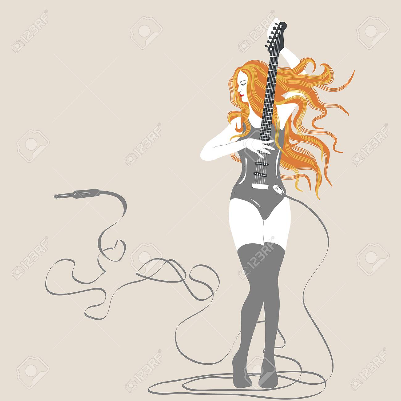 1300x1300 Red Headed Rockabilly Pinup Girl Playing Double Bass With Flames