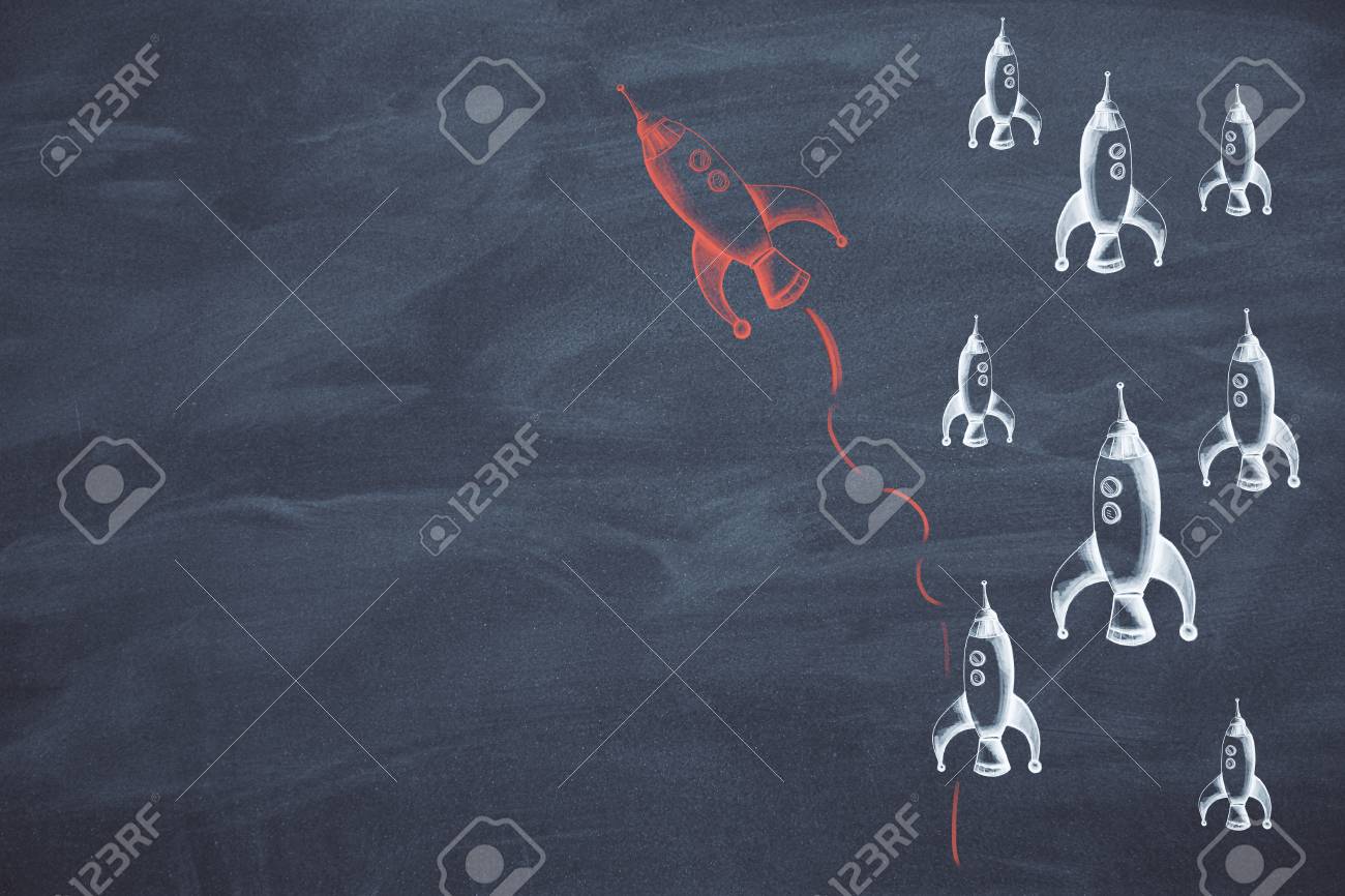 1300x866 Think Differently. Different Drawn Rocket Ship On Chalkboard