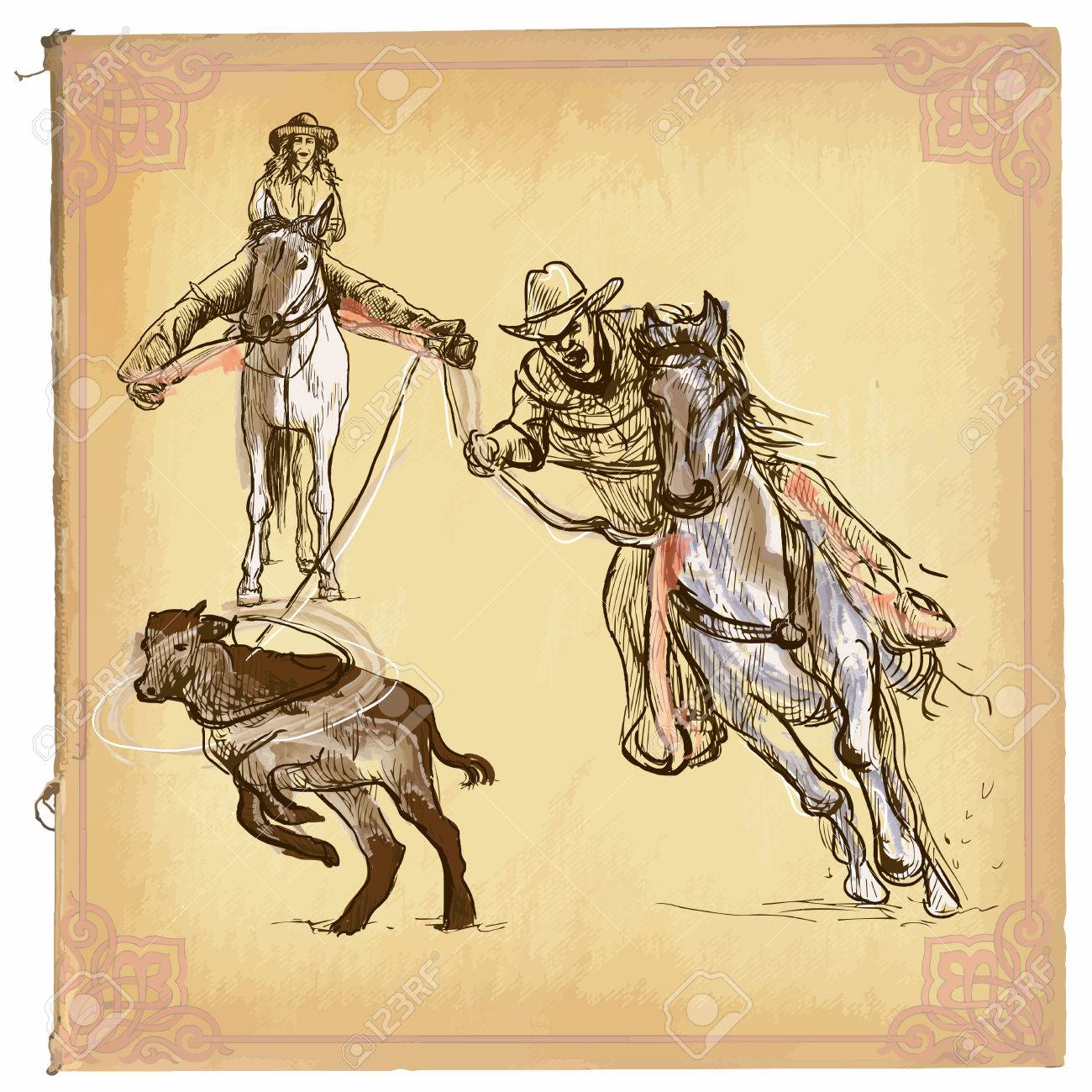 1300x1300 An Hand Drawn Illustration, Colored Line Art. Rodeo. Freehand