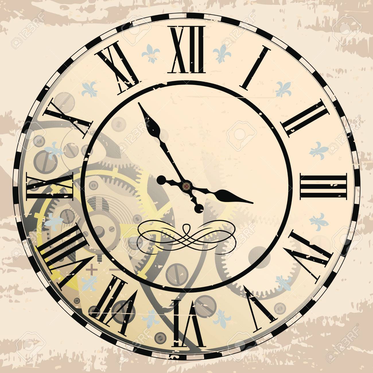 1300x1300 Vintage Roman Numeral Clock With Mechanism. Vector Drawing