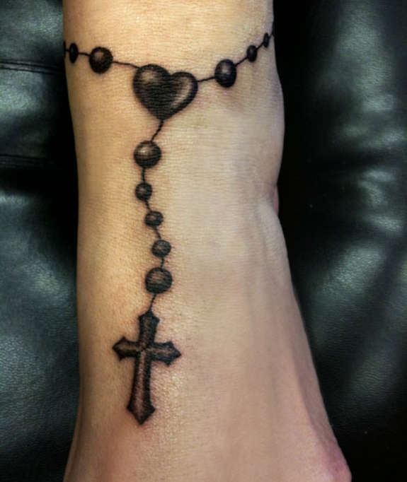 575x682 Black And White Rosary Tattoo On Right Ankle