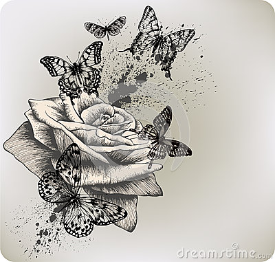 400x381 Background With Rose And Butterflies Flying. Vecto By Murka34, Via