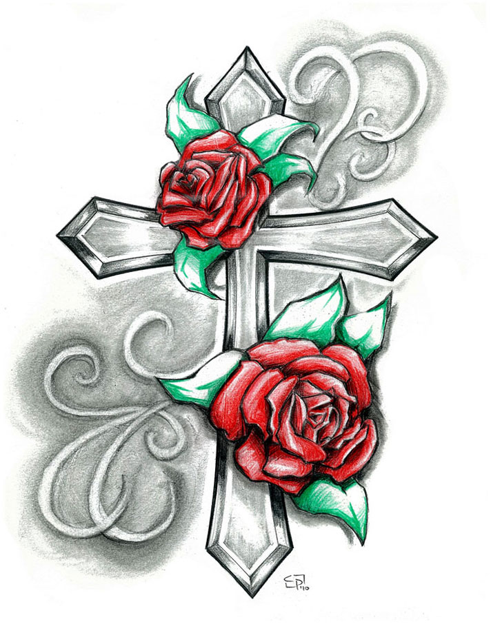 712x906 Beautiful Drawing Rose And Cross Design