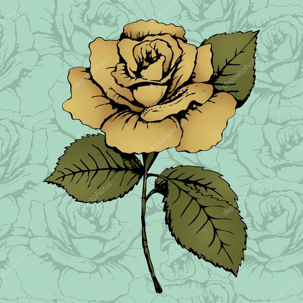 1024x1024 Gold Rose Flower. Hand Drawing. Bud, Stem And Leaves. Blue