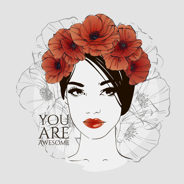 600x600 Girl With Red Rose Hand Drawn Vector 01