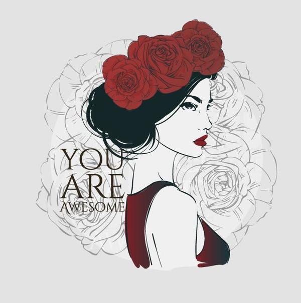600x605 Hand Drawn Girl With Rose Vector 04