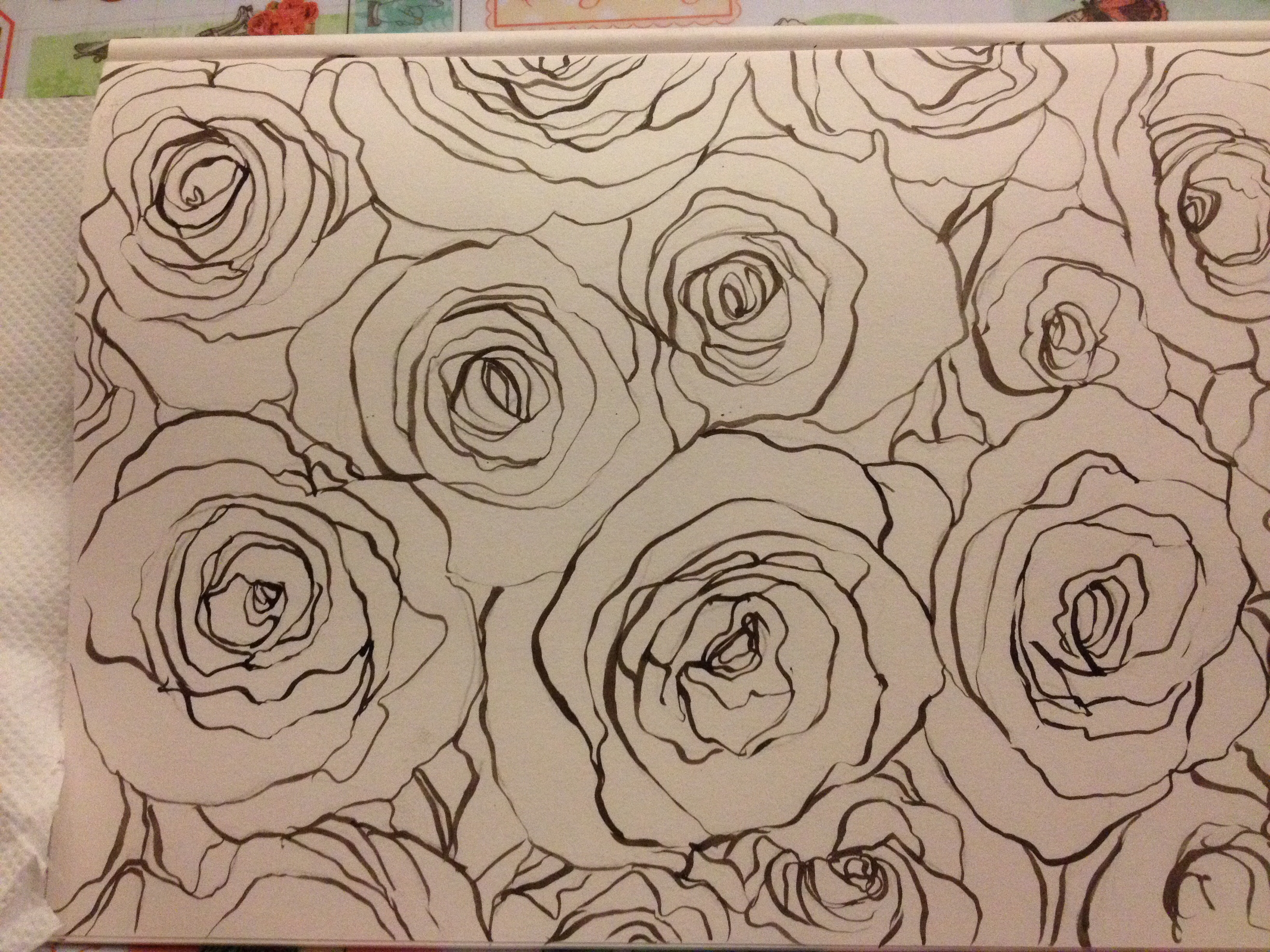 3264x2448 Line Drawing Of Rose Pattern. Preparation For Wall Paper Design