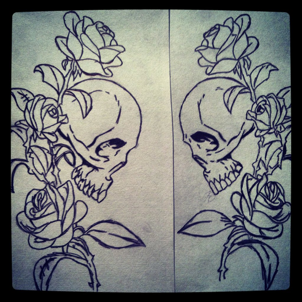 1024x1024 Pen Sketch Skull And Rose Vine By Whiterosesbleedred