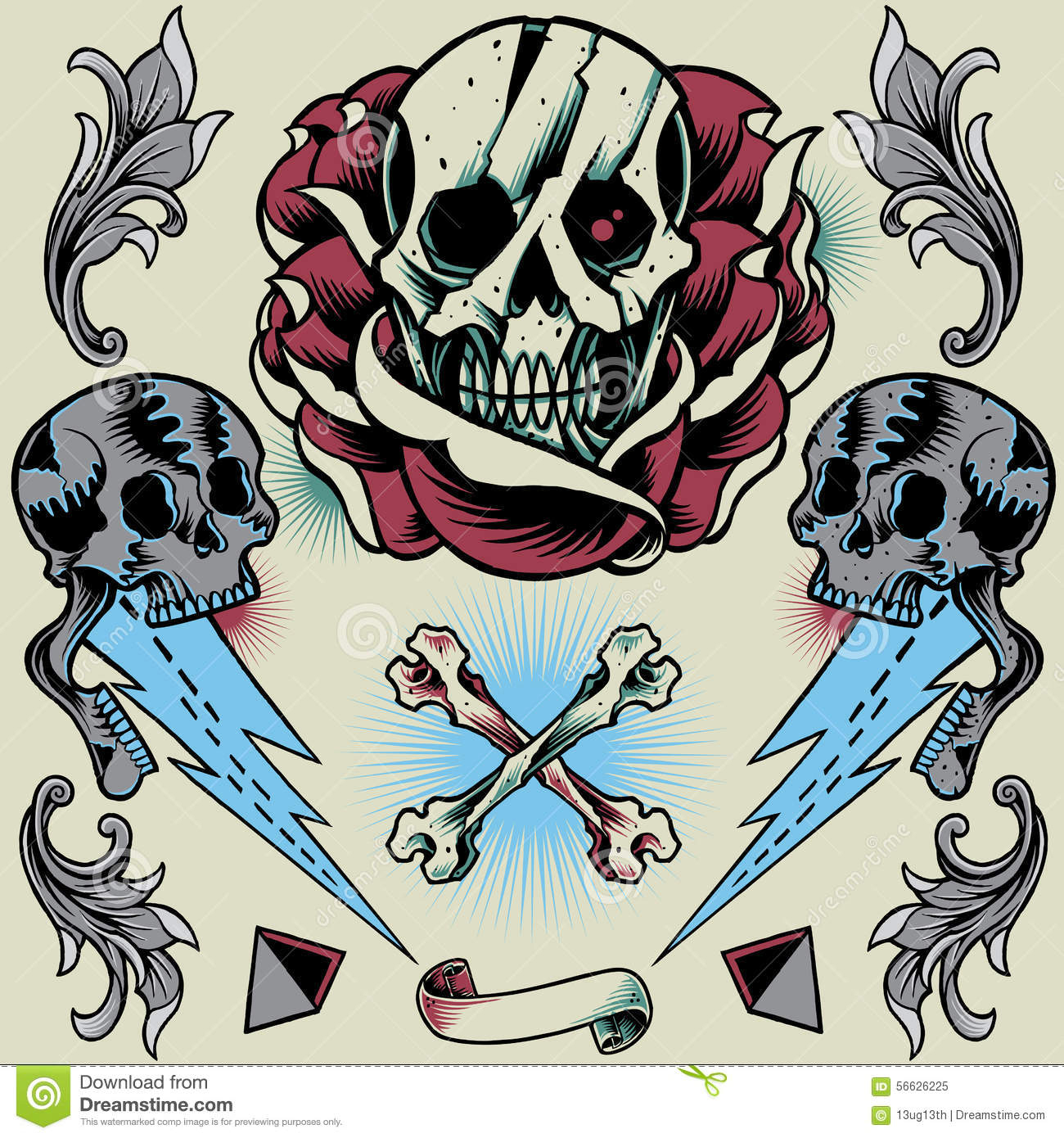 1300x1390 Skull And Rose Ribbon Drawings Drawn Cross Ribbon Rose