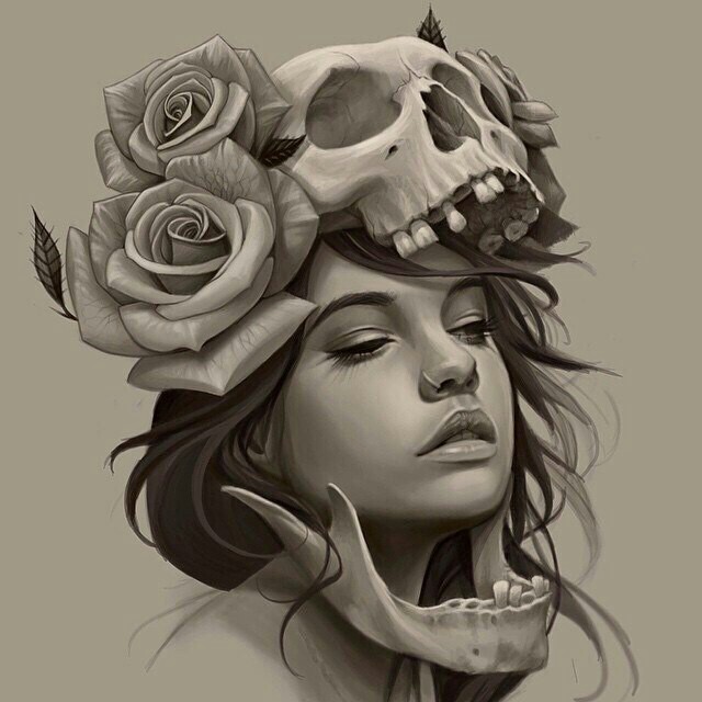 640x640 Girl, Skull, Roses Tattoo Sketch Gotowe Projekty