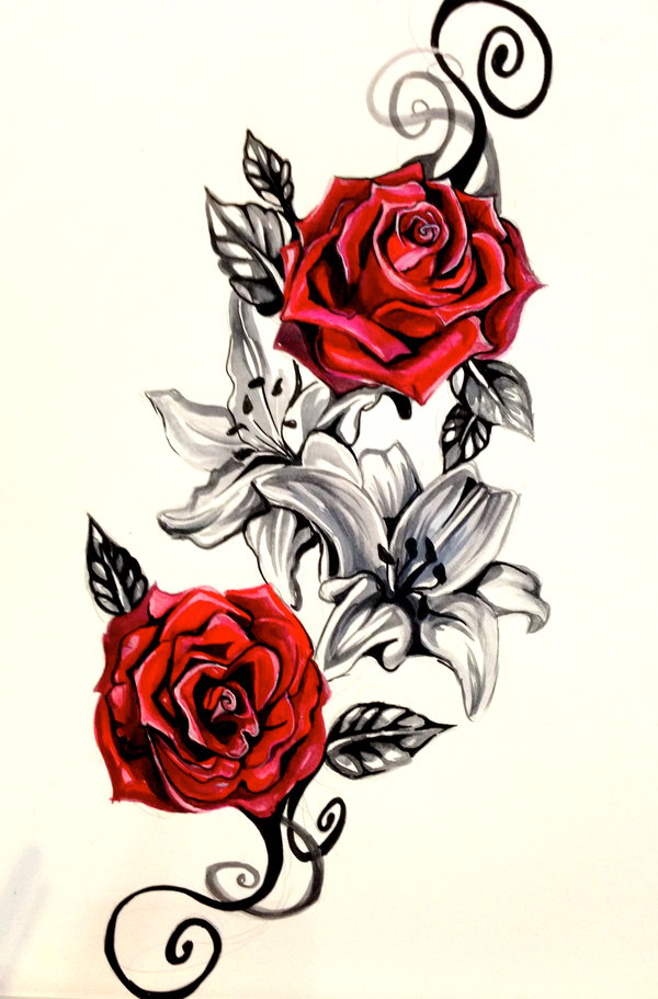 600x911 Lily And Rose Tattoo Design By Lucky978