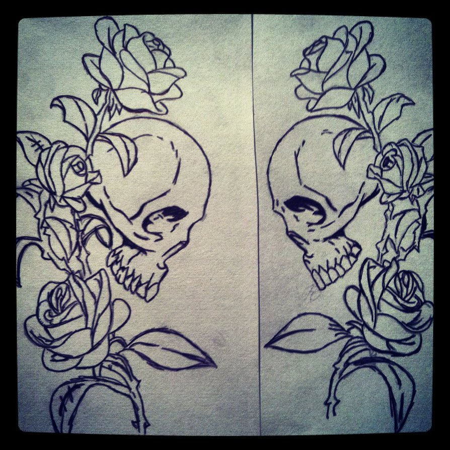 894x894 Pen Sketch Skull And Rose Vine By Whiterosesbleedred