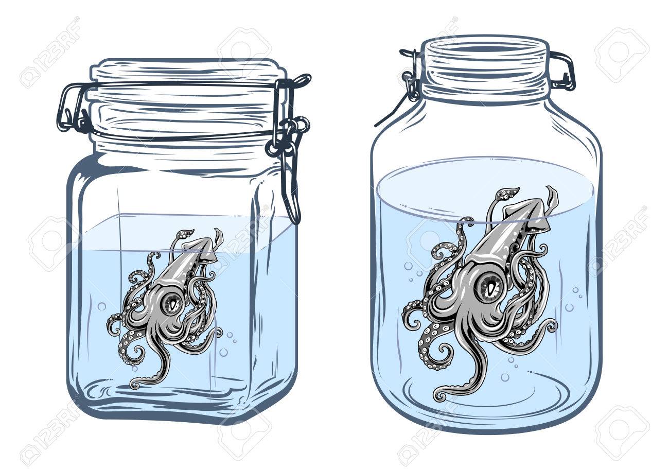 1300x911 Bottles, Round And Square Shapes, With A Squid Inside, Freehand