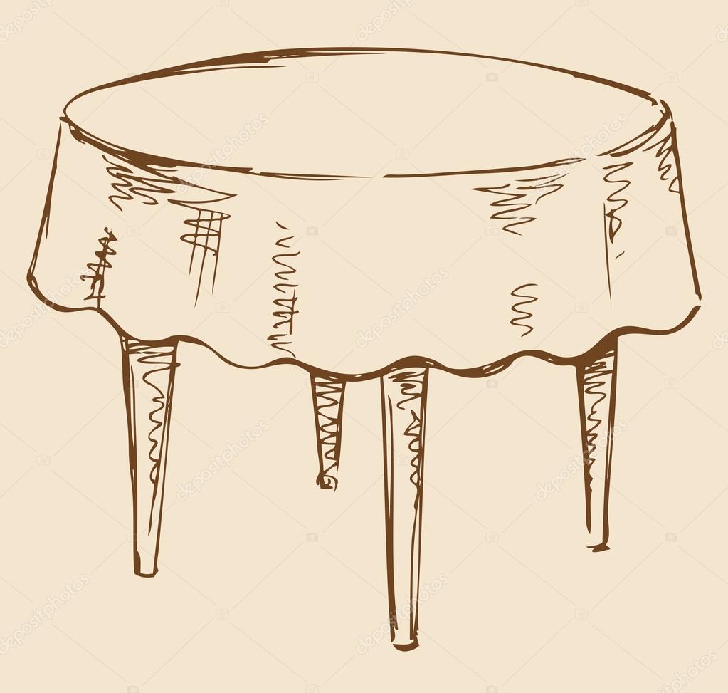 1023x973 Vector Drawing. Round Table With Tablecloth Stock Vector
