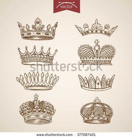 450x470 King Royal Crown Icon Set. Engraving Style Pen Pencil Crosshatch