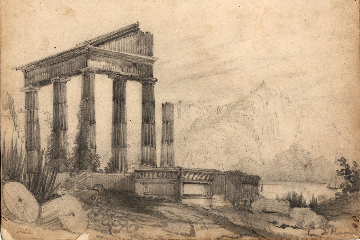 1190x793 19th Century Pencil Drawing Of Roman Templeruins