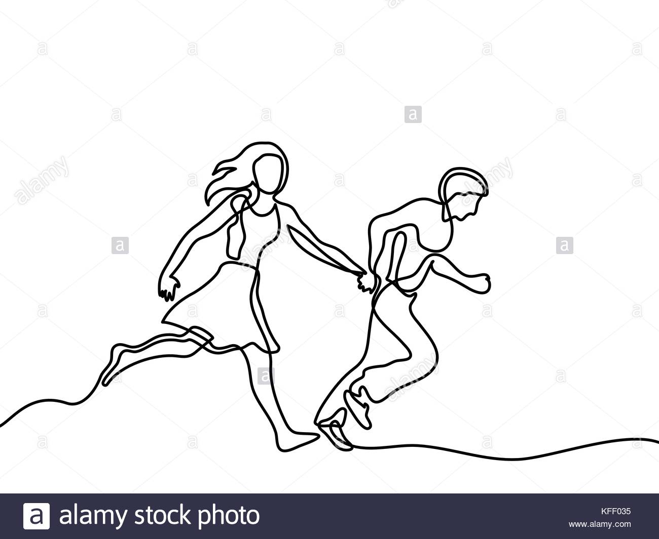 1300x1065 Happy Running Couple. Continuous Line Drawing. Vector Illustration